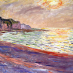 Coucher de soleil sur la mer et les falaises de Pourville peint par Claude Monet, lumière impressionniste