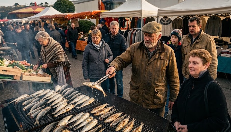 Fête du hareng à Dieppe avec harengs grillés au feu de bois et visiteurs autour du stand