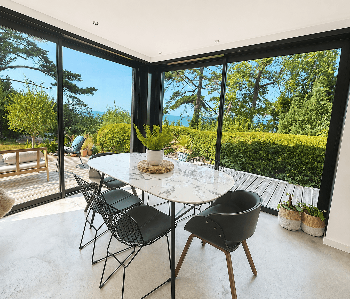 Coin repas de la villa Le Carré Vue Mer à Pourville-sur-Mer, baies vitrées ouvertes sur la terrasse et la mer