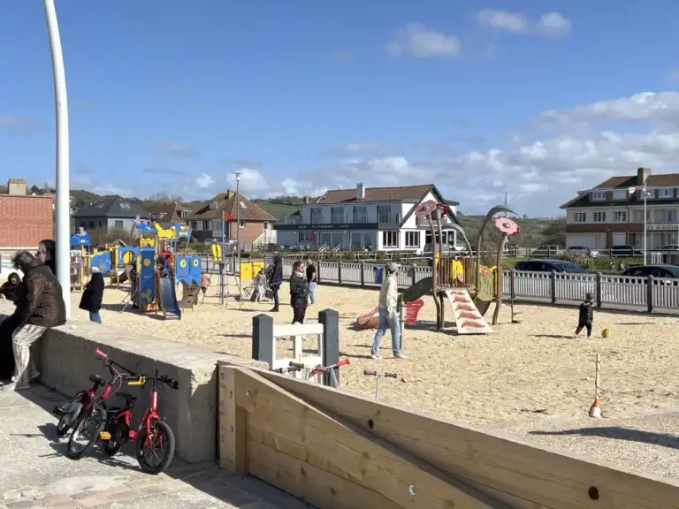 Children's playground on the beach at Pourville-sur-Mer in the sunshine