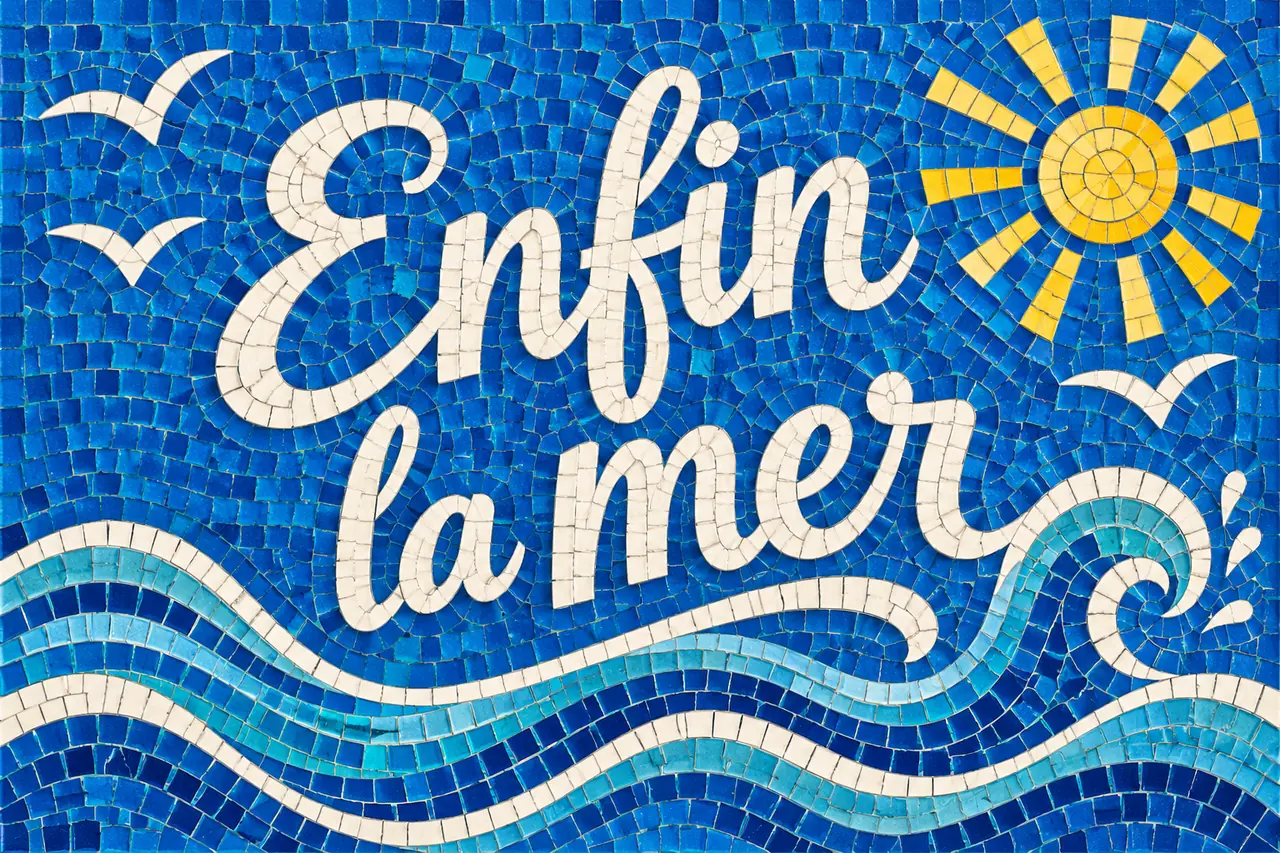Mosaïque « Enfin la mer » en tesselles bleues, vagues turquoise, soleil jaune et mouettes blanches, illustration de la plage la plus proche de Paris à Pourville-sur-Mer