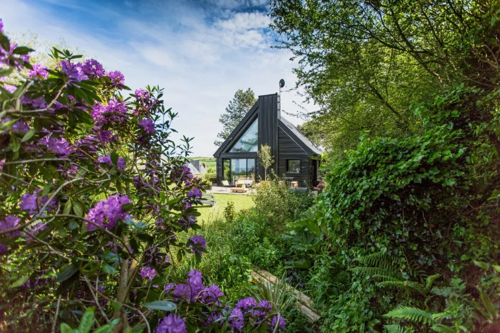 Villa d'architecte en bois noir vue à travers les rhododendrons violets du jardin