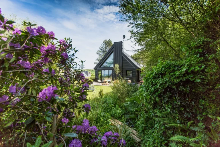Villa d'architecte en bois noir vue à travers les rhododendrons violets du jardin